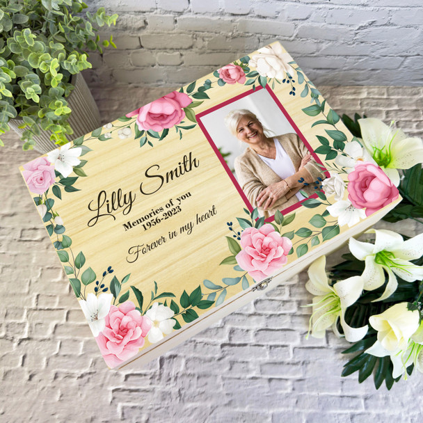 Pink White Floral Photo Frame Memories Memorial Personalised Wooden Keepsake Box