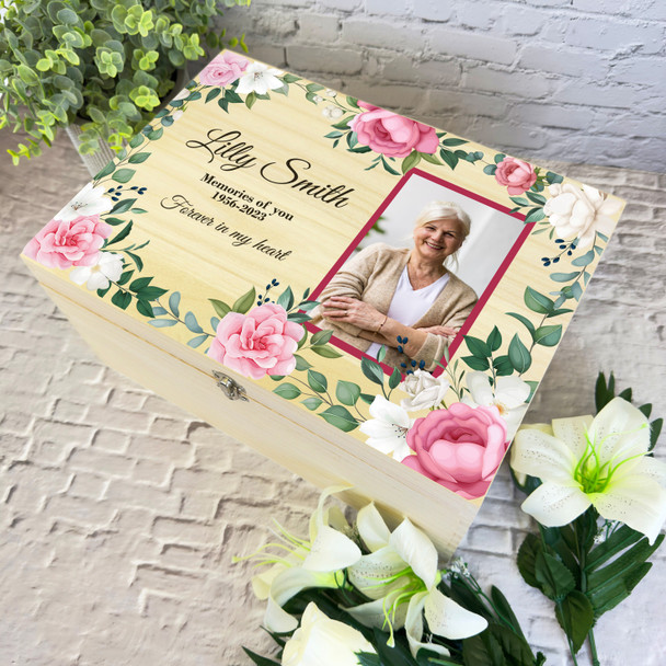 Pink White Floral Photo Frame Memories Memorial Personalised Wooden Keepsake Box