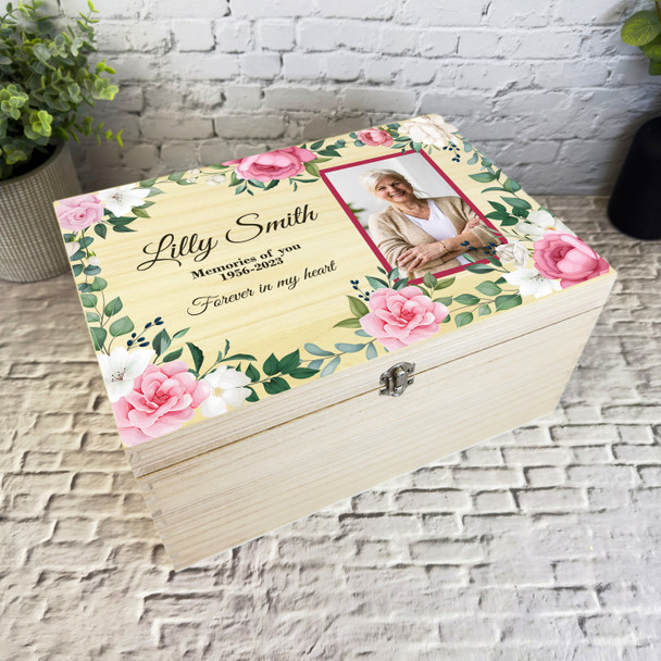 Pink White Floral Photo Frame Memories Memorial Personalised Wooden Keepsake Box