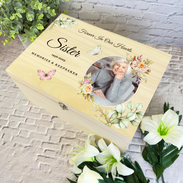 Sister Butterflies Floral Photo Frames Memorial Personalised Wooden Keepsake Box