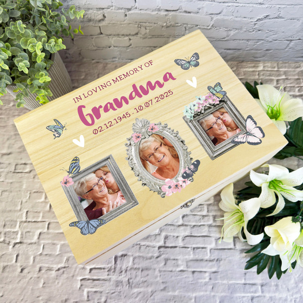 Butterfly Photo Loving Memory Grandma Personalised Wooden Memorial Keepsake Box