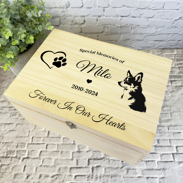 Heart Paw Print Welsh Corgi Pet Memorial Personalised Wooden Memory Keepsake Box