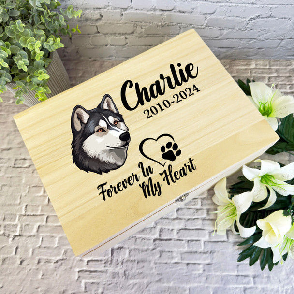 Husky Heart Paw Print Heart Pet Memorial Personalised Wooden Memory Keepsake Box