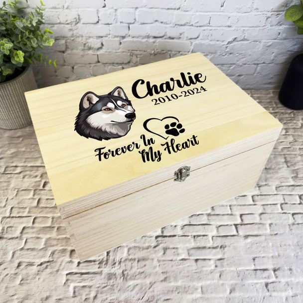 Husky Heart Paw Print Heart Pet Memorial Personalised Wooden Memory Keepsake Box