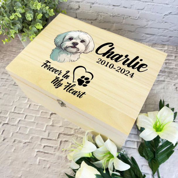 Maltese Dog Paw Print Heart Pet Memorial Personalised Wooden Memory Keepsake Box