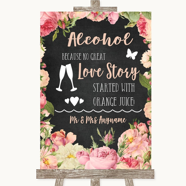 Chalkboard Style Pink Roses Alcohol Bar Love Story Personalised Wedding Sign