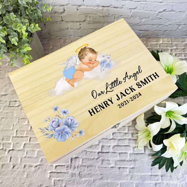 Blue Blonde Hair Baby Boy Sleep Cloud Memorial Personalised Wooden Keepsake Box