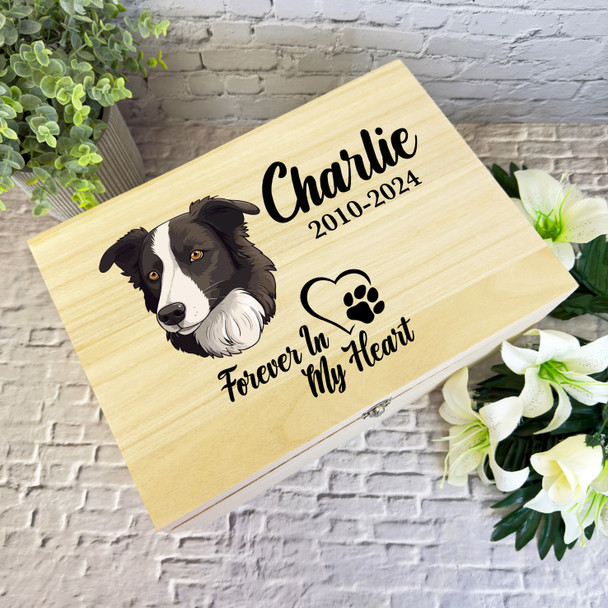 Border Collie Dog Paw Print Heart Pet Memorial Personalised Wooden Keepsake Box