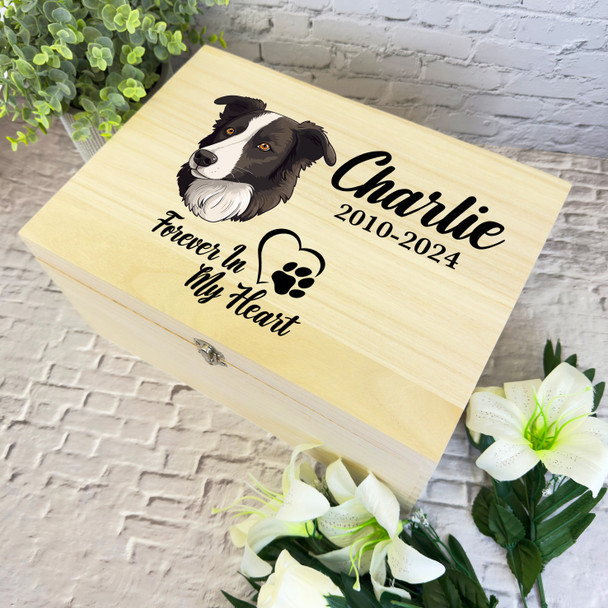 Border Collie Dog Paw Print Heart Pet Memorial Personalised Wooden Keepsake Box