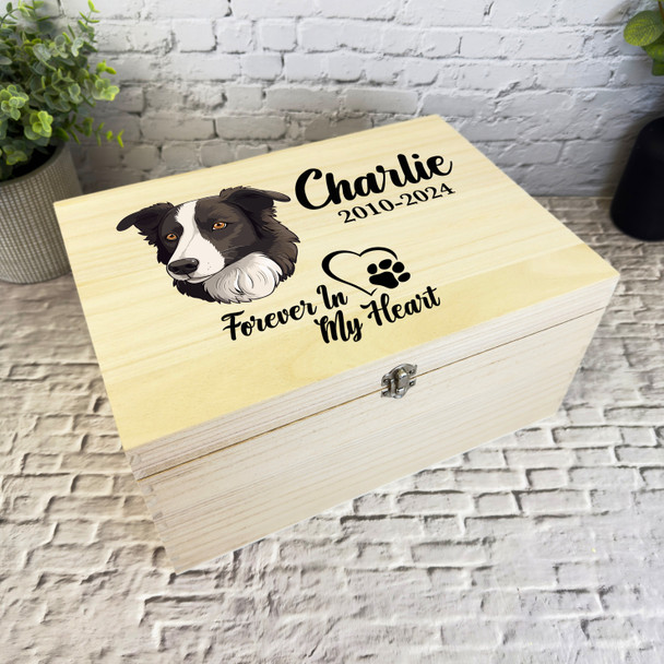 Border Collie Dog Paw Print Heart Pet Memorial Personalised Wooden Keepsake Box