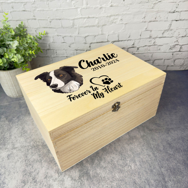 Border Collie Dog Paw Print Heart Pet Memorial Personalised Wooden Keepsake Box