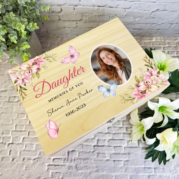 Daughter Pink Butterflies Photo Frame Memorial Personalised Wooden Keepsake Box