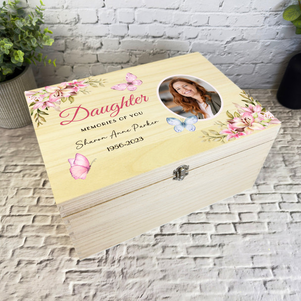 Daughter Pink Butterflies Photo Frame Memorial Personalised Wooden Keepsake Box