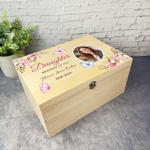 Daughter Pink Butterflies Photo Frame Memorial Personalised Wooden Keepsake Box