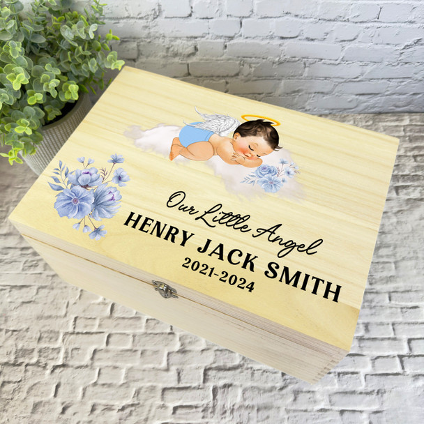 Light Brown Hair Baby Boy Blue Floral Memorial Personalised Wooden Keepsake Box