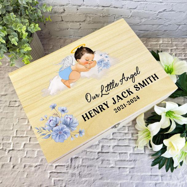 Light Brown Hair Baby Boy Blue Floral Memorial Personalised Wooden Keepsake Box