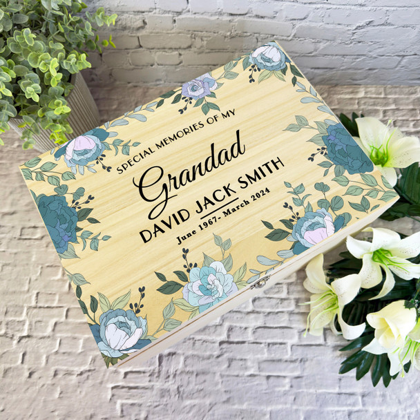 Memories Of Grandad Blue Floral Frame Memorial Personalised Wooden Keepsake Box