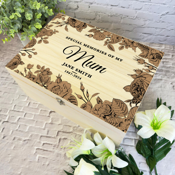 Memories Of My Mum Brown Floral Frame Memorial Personalised Wooden Keepsake Box