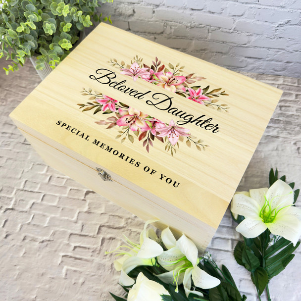 Memories Of You Daughter Pink Flowers Memorial Personalised Wooden Keepsake Box