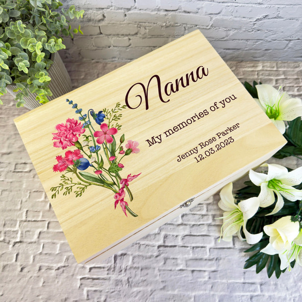 Memories Of You Nanna Flowers Bouquet Memorial Personalised Wooden Keepsake Box