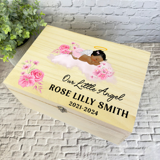 Pink Sleep Dark Skin & Hair Baby Girl Memorial Personalised Wooden Keepsake Box