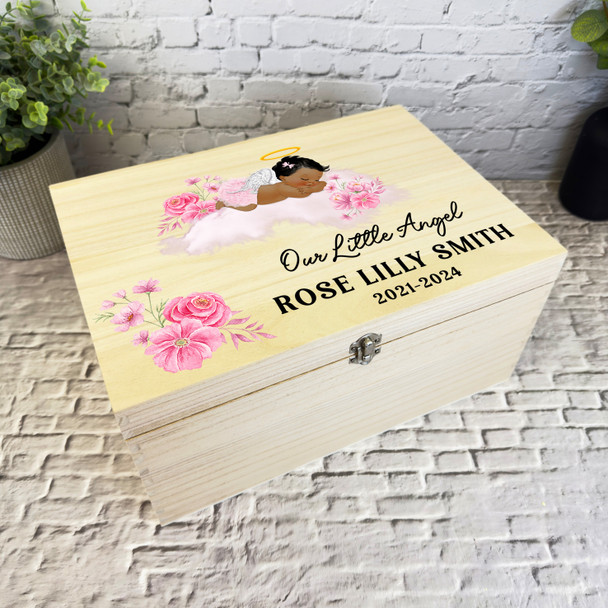 Pink Sleep Dark Skin & Hair Baby Girl Memorial Personalised Wooden Keepsake Box