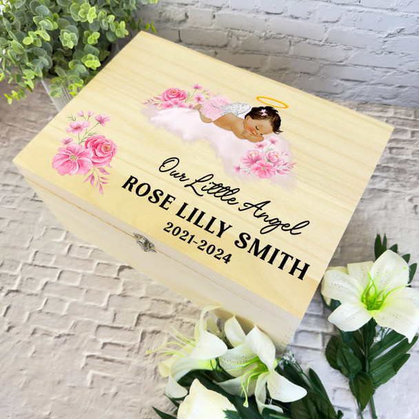 Pink Sleeping Brunette Hair Baby Girl Memorial Personalised Wooden Keepsake Box