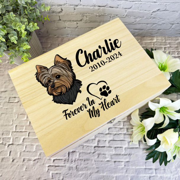 Yorkshire Terrier Paw Print Heart Pet Memorial Personalised Wooden Keepsake Box