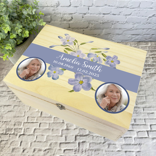 Blue Watercolour Flowers Photo Memorial Personalised Wooden Memory Keepsake Box