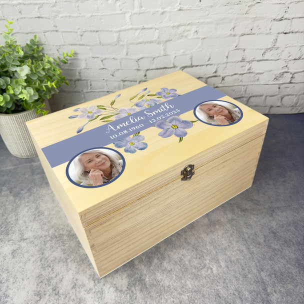 Blue Watercolour Flowers Photo Memorial Personalised Wooden Memory Keepsake Box