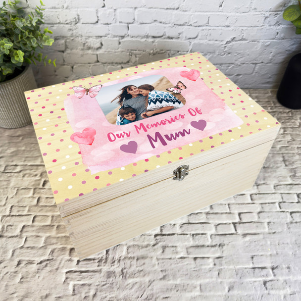 Our Memories Of Mum Pink Photo Memorial Personalised Wooden Memory Keepsake Box