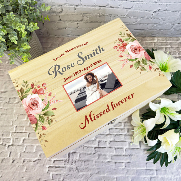 Watercolour Floral Photo Frame Memorial Personalised Wooden Memory Keepsake Box