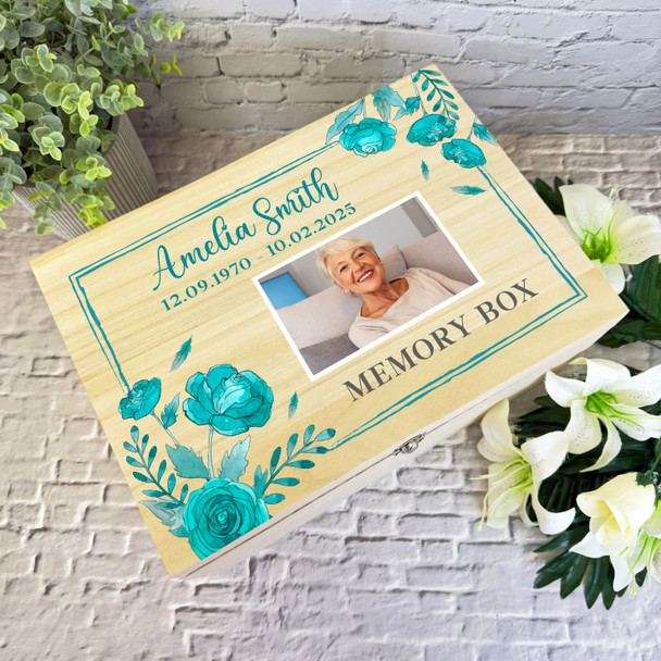 Memory Box Memorial Blue Flowers Photo Personalised Storage Wooden Keepsake Box