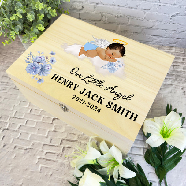 Brown Hair Baby Boy Sleep Cloud Blue Memorial Personalised Wooden Keepsake Box