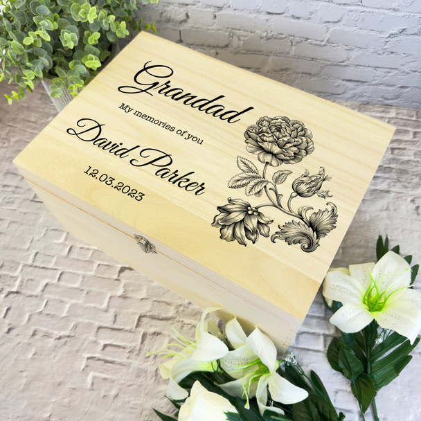 Grandad Memories Of You Black Flower Memorial Personalised Wooden Keepsake Box