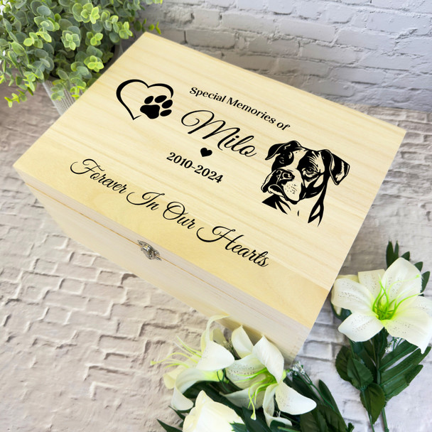 Heart Paw Print Boxer Silhouette Pet Memorial Personalised Wooden Keepsake Box