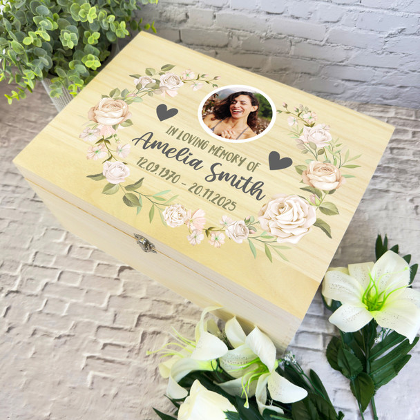 In Loving Memory White Flowers Photo Memorial Personalised Wooden Keepsake Box