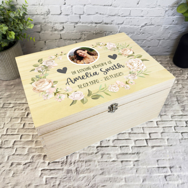 In Loving Memory White Flowers Photo Memorial Personalised Wooden Keepsake Box