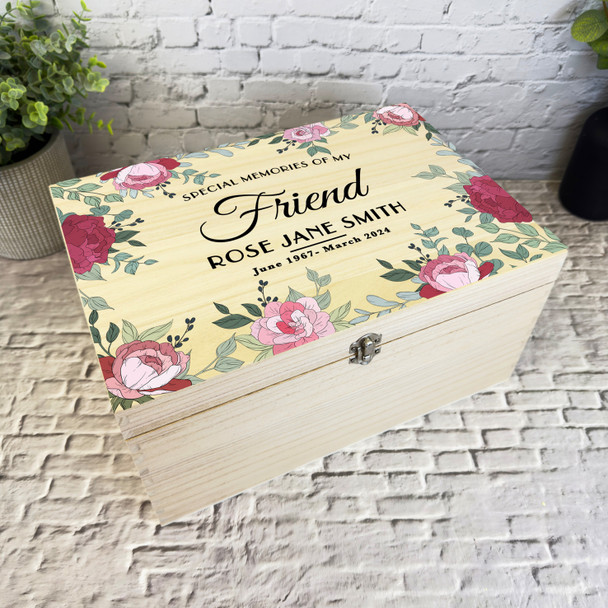 Memories Of Friend Pink Floral Frame Memorial Personalised Wooden Keepsake Box