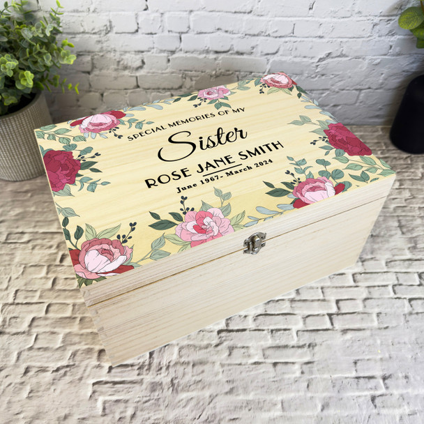 Memories Of Sister Pink Floral Frame Memorial Personalised Wooden Keepsake Box