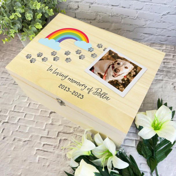 Pet Loss Dog Cat Horse Rainbow Photo Memorial Personalised Wooden Keepsake Box