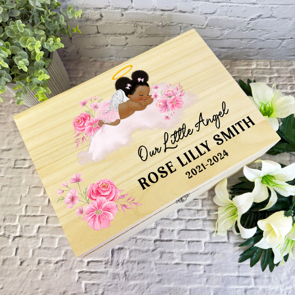 Pink Sleep Dark Skin Baby Girl Wings Memorial Personalised Wooden Keepsake Box