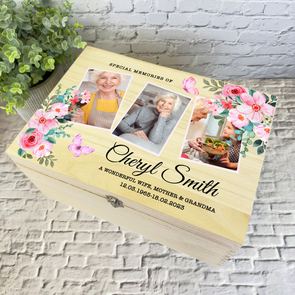 Watercolour Pink Floral Photo Female Memorial Personalised Wooden Keepsake Box