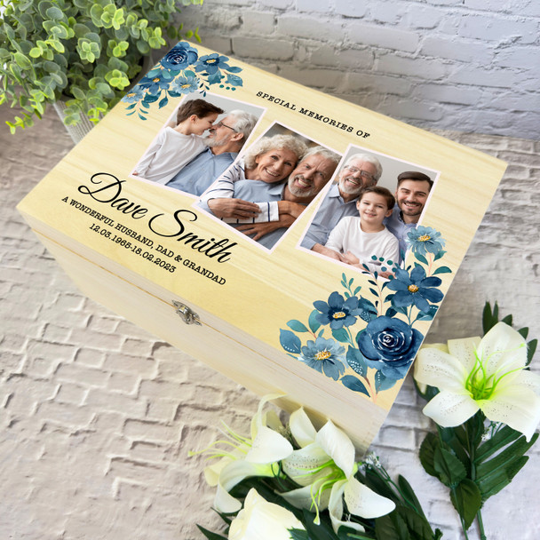 Watercolour Blue Floral Photo Memorial Personalised Wooden Memory Keepsake Box