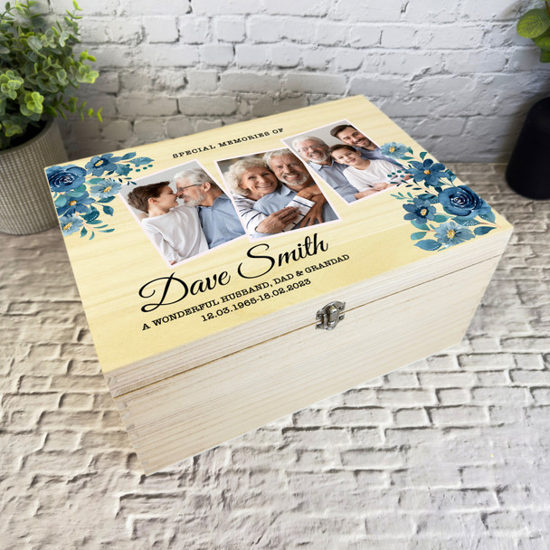 Watercolour Blue Floral Photo Memorial Personalised Wooden Memory Keepsake Box