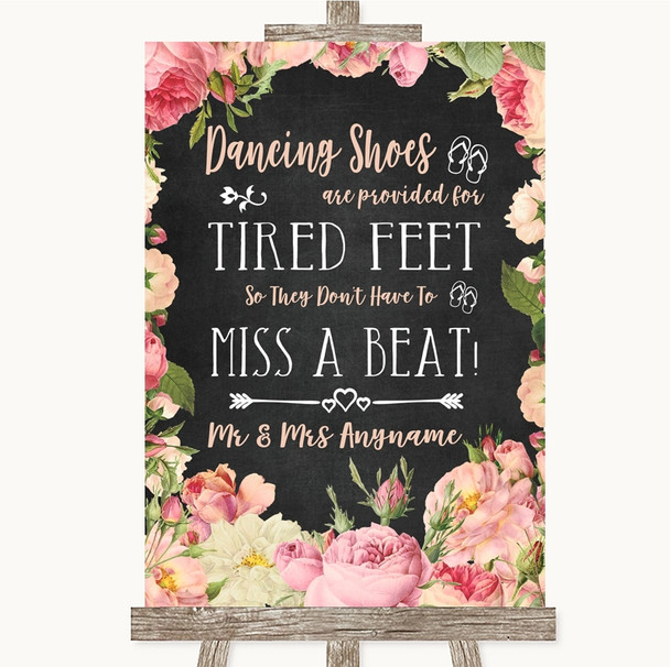 Chalkboard Style Pink Roses Dancing Shoes Flip-Flop Tired Feet Wedding Sign