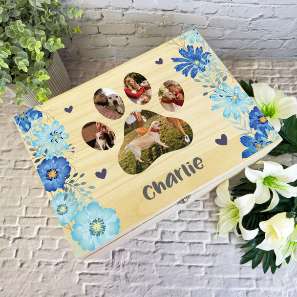 Blue Flower Pet Loss Paw Photos Dog Memorial Personalised Wooden Keepsake Box