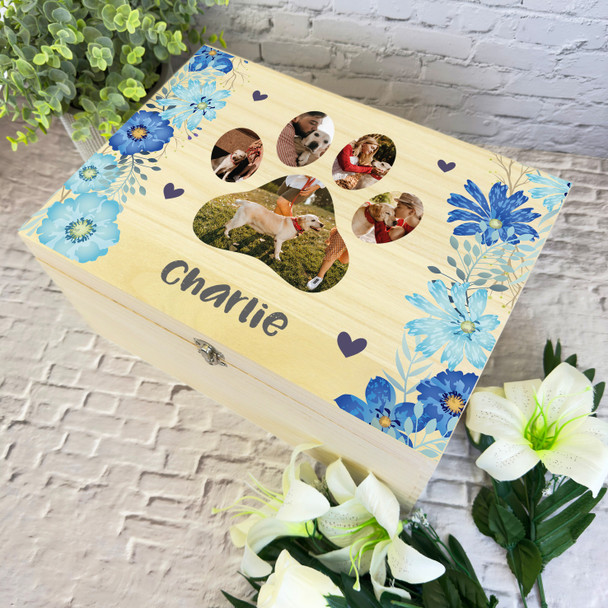 Blue Flower Pet Loss Paw Photos Dog Memorial Personalised Wooden Keepsake Box