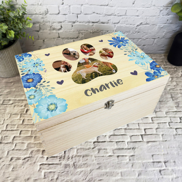 Blue Flower Pet Loss Paw Photos Dog Memorial Personalised Wooden Keepsake Box