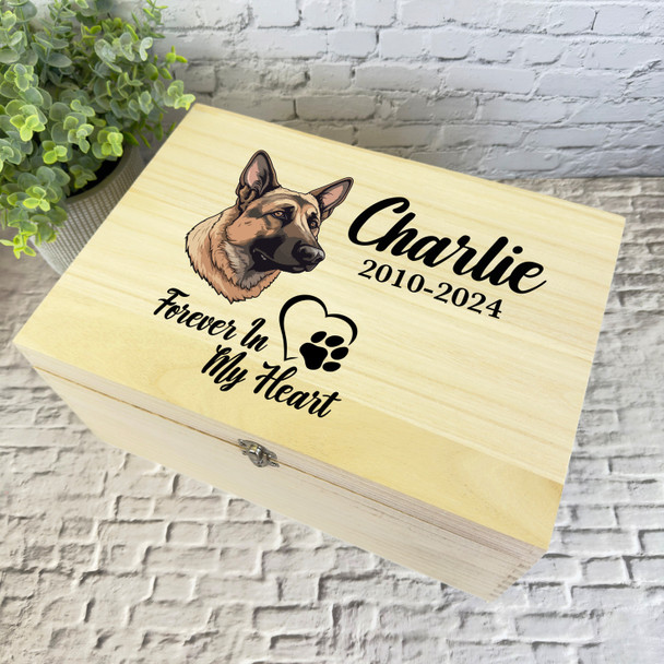 German Shepherd Paw Print Heart Pet Memorial Personalised Wooden Keepsake Box